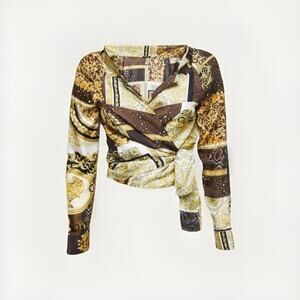 Versace Barocco Mosaic Silk Wrap Crop Top – IT 38 (XS) – Gold/Brown